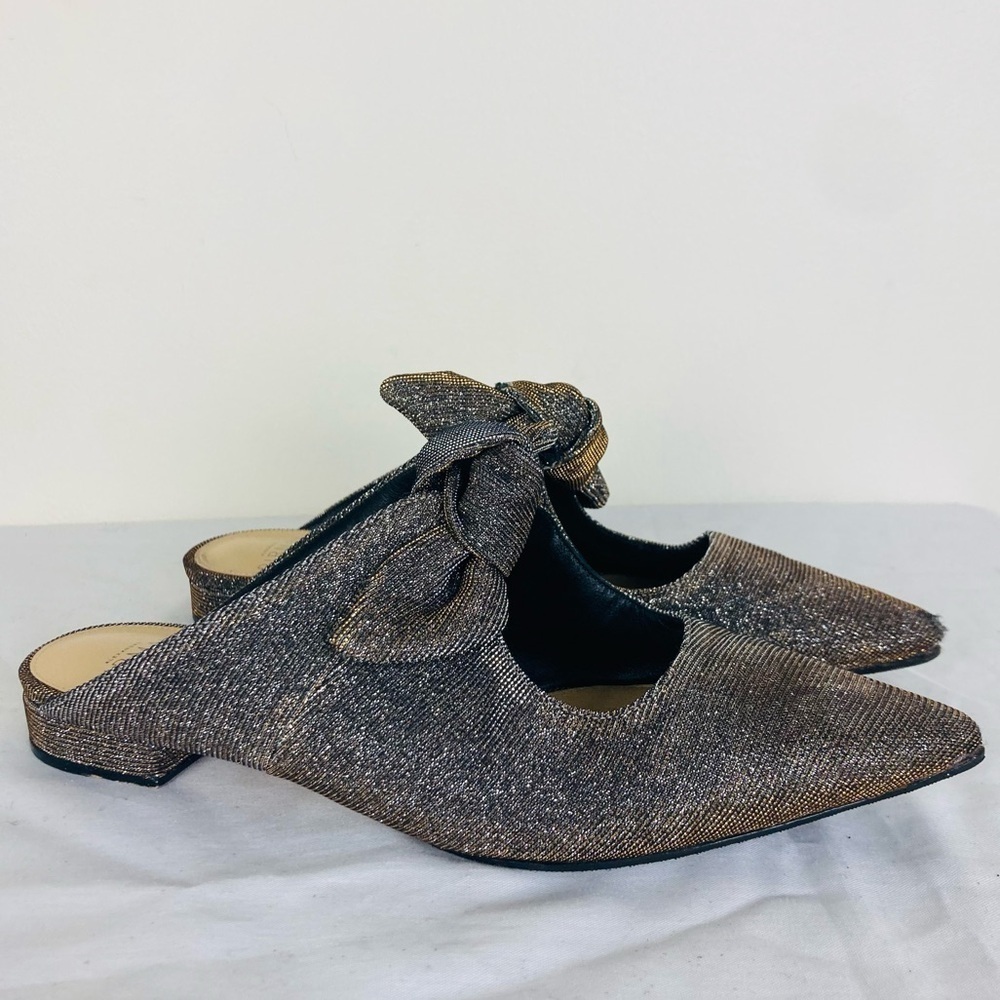 Alexandre Birman metallic pointed toe mules with bow detail. Size 35 (US 5)
